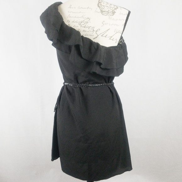 NWT Guess One Shoulder Dress Ruffle Black Large - Picture 3 of 4